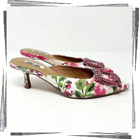 Pink Green & White Floral Aoi Jeweled Kitten Heels  (EU 37) Bibi Lou - Picture 5 of 5